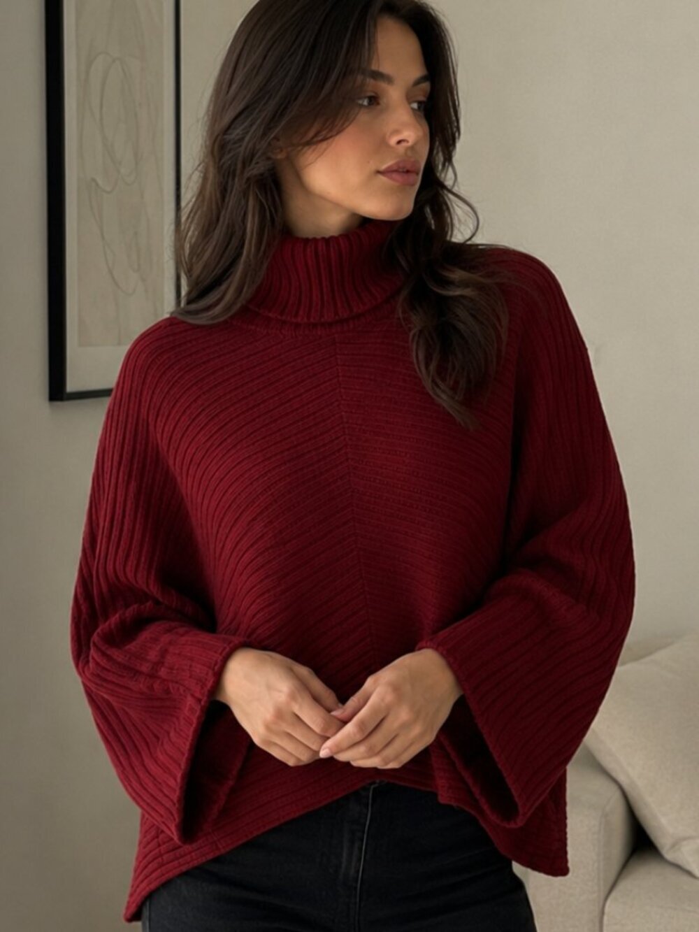 ANTHROPOLOGIE MOTH Ribbed Turtleneck Poncho Sweater Red Size Small